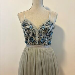 Gray Dress with Blue Floral Embroidery